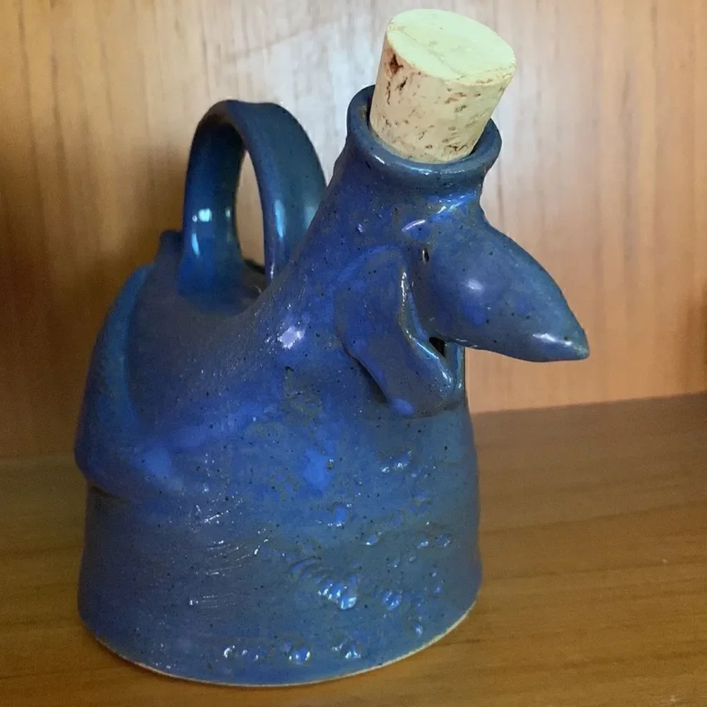 Hand Crafted Clay Oil Dispenser Rooster Blue Pottery